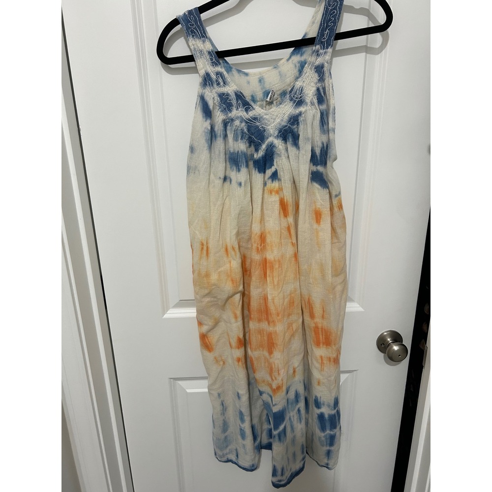 TWI Free Size Tie Dye Boho Dress Orange Blue Embroidered V Neck Tank‎
